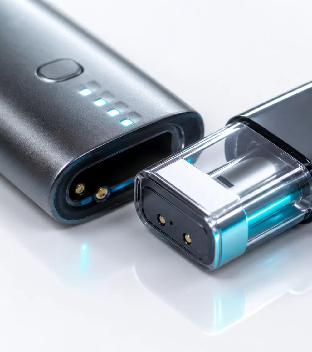 Aansluiting en batterij-indicatie van een neutraal vape-apparaat